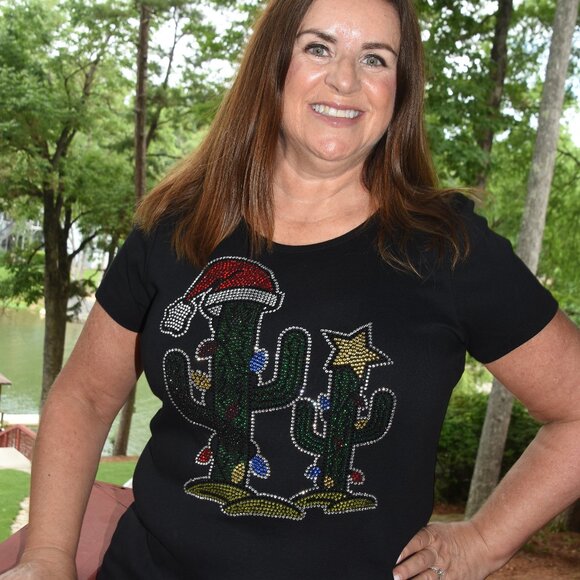 Christmas Cactus rhinestone bling RN SS shirt XS S M L XL XXL 1X 2X 3X 4X 5X - Picture 2 of 9
